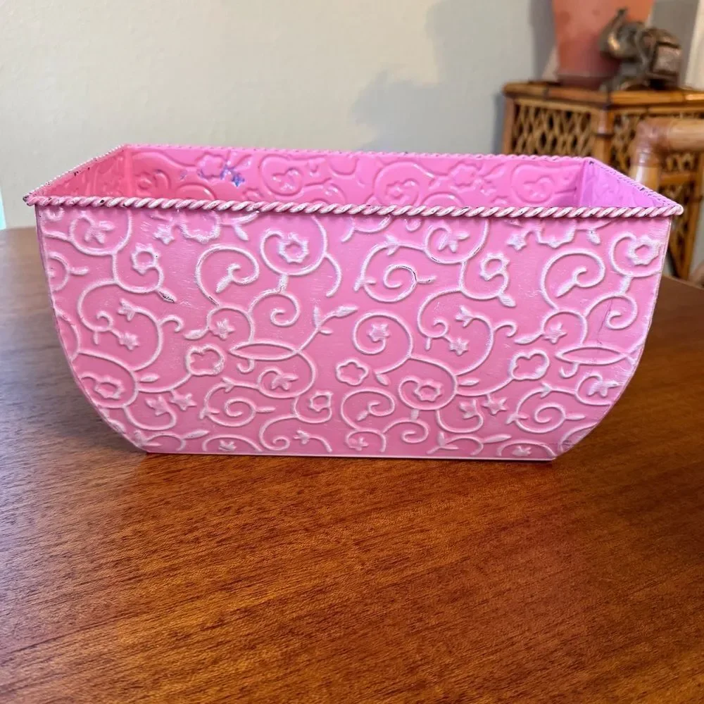 Pink Embossed Decorative Tin Planter Or Decorative Bin